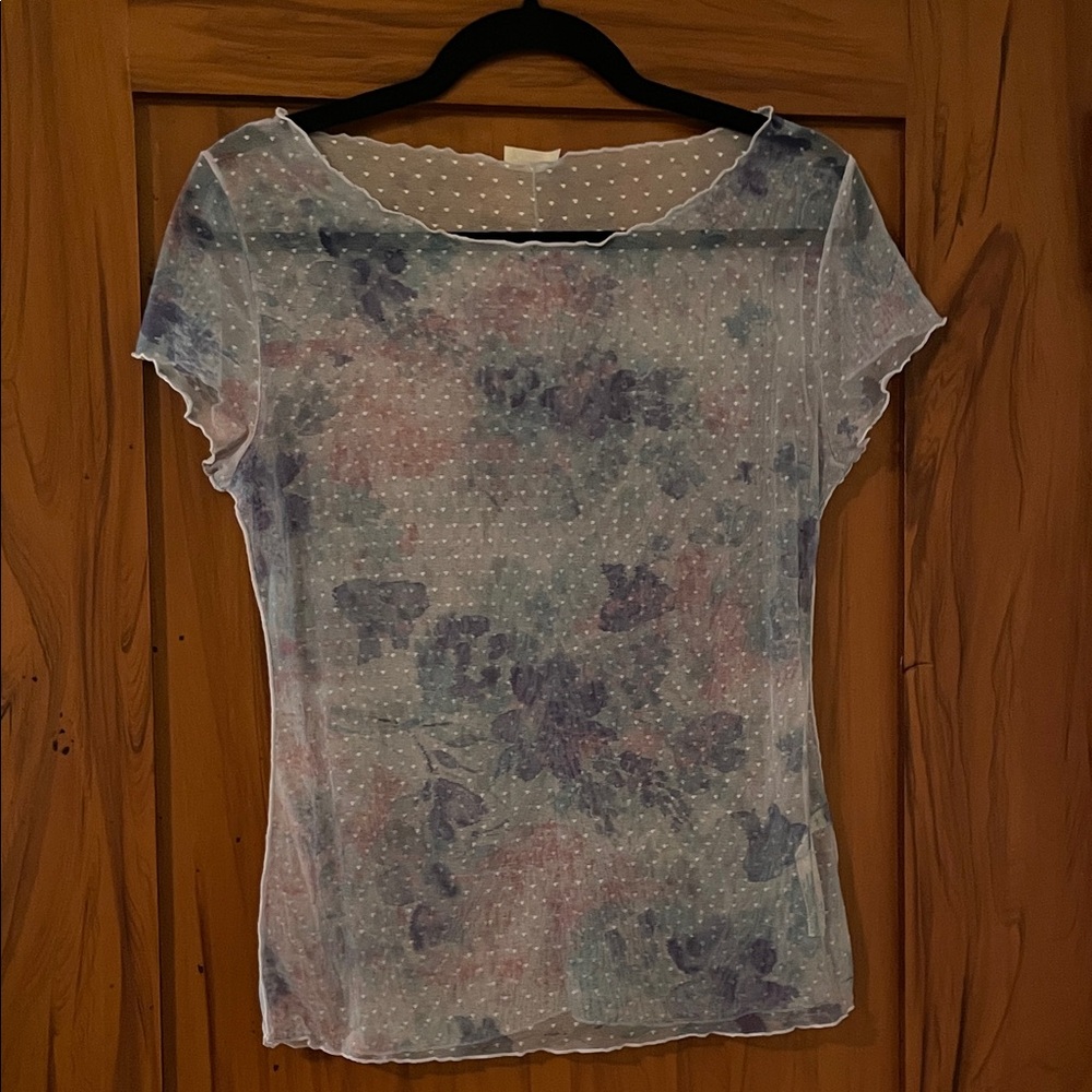 Intimately by Free People / On the Dot Floral Mesh Top - Blue and Pink